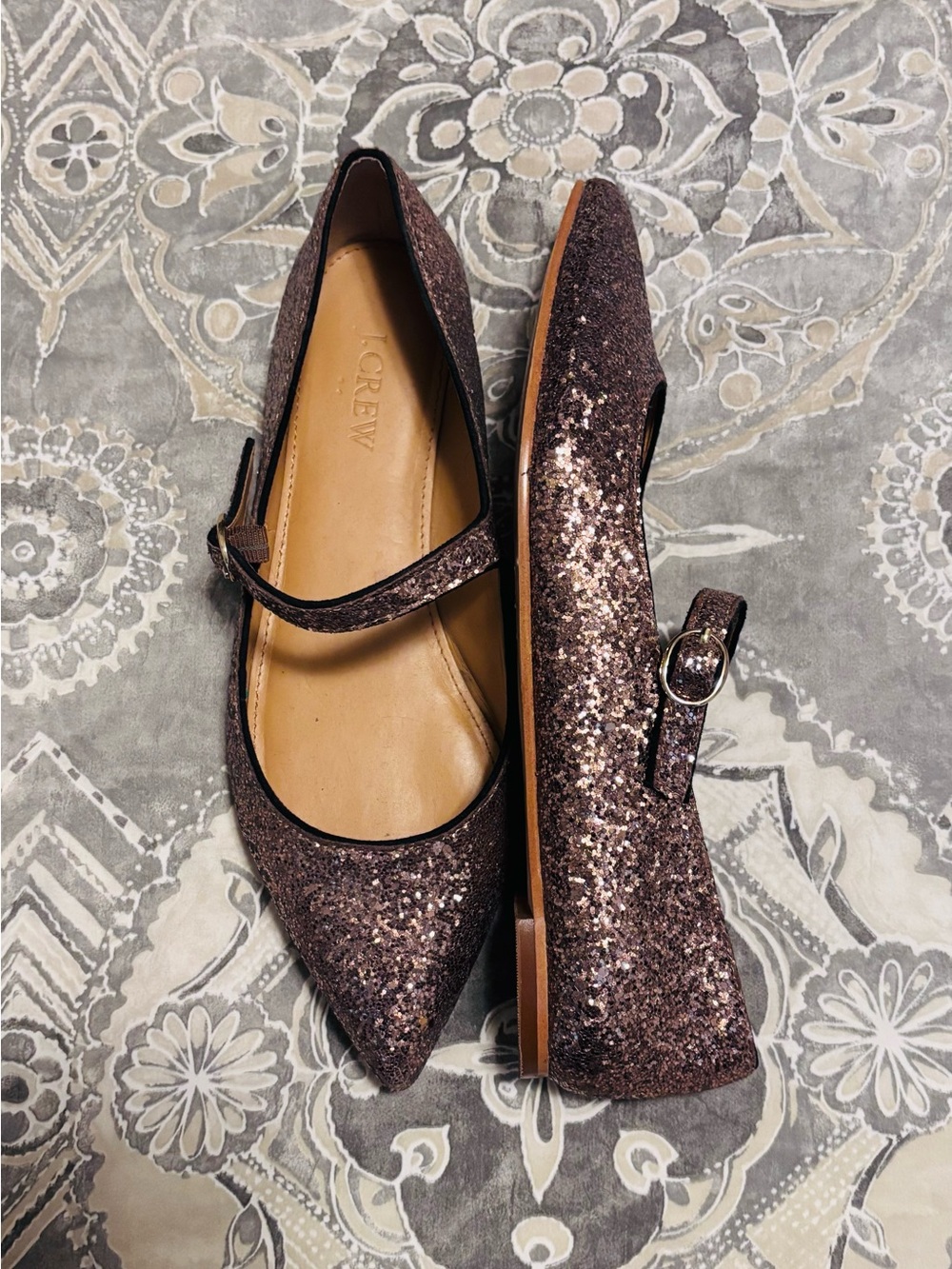 J. Crew Rare Rose Gold Glitter Mary Jane Flats